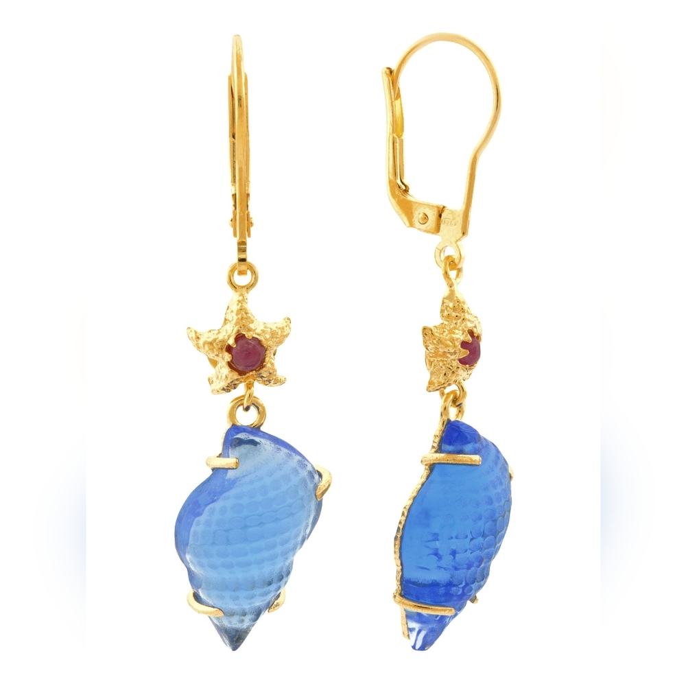 Tagliamonte sea life blue Venetian glass shell ruby starfish earrings 18K YGP